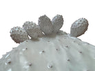 A white, glazed ceramic platter in the shape of a prickly pear cactus pad with attached prickly pear fruit. The surface has raised dots representing spines. 