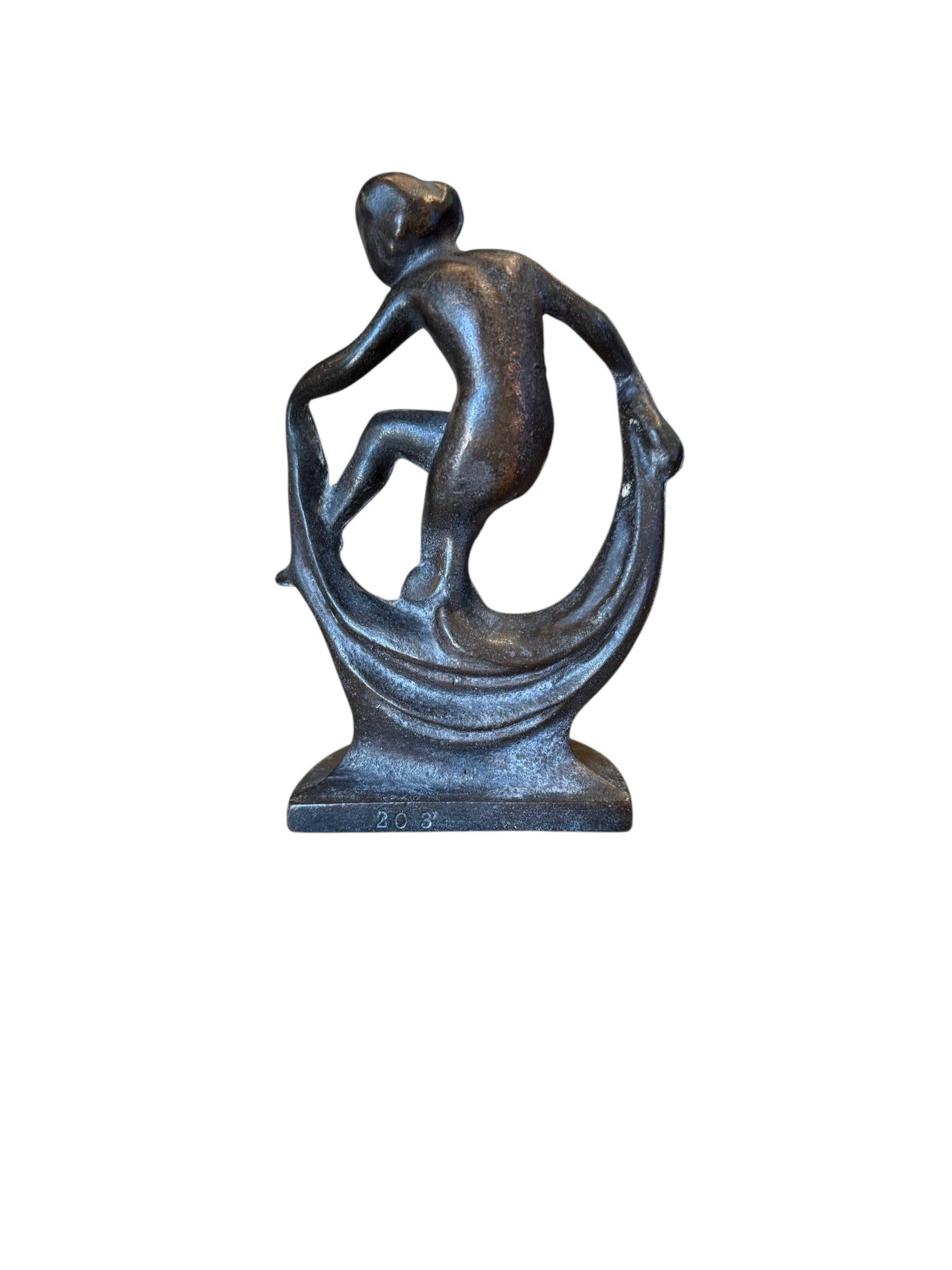 Two cast iron bookends in the Art Deco style. Each features a nude female figure leaning gracefully with one leg extended, posed atop a stylized wave or drape. The bookends have a bronze-colored finish and a vintage appearance.