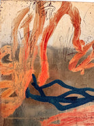 A vertical abstract painting on a shimmering gold-leaf background. The piece is filled with energetic, calligraphic scribbles and fluid shapes in vibrant orange, deep teal, and touches of red. The brushwork varies from thick, opaque strokes to thin, wiry lines that dance across the reflective surface. The composition feels organic and chaotic, like a dense thicket or a fire.