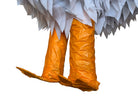 A white chicken pinata with red comb and wattles, and orange beak and legs, standing upright.