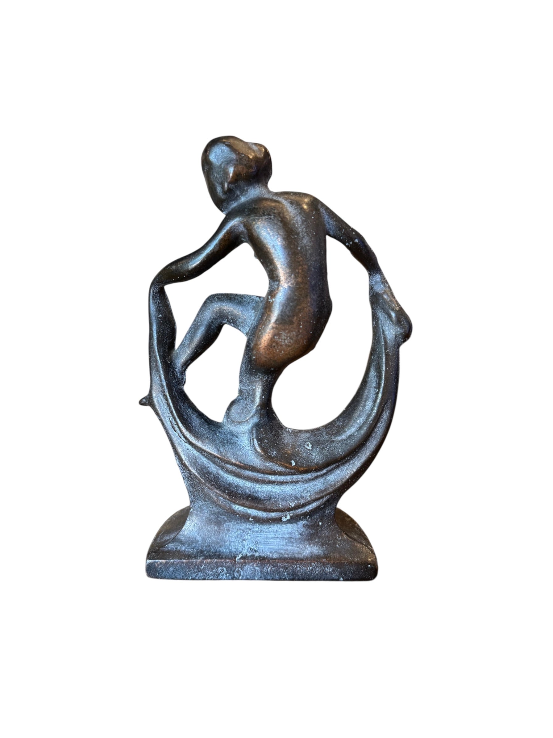 Two cast iron bookends in the Art Deco style. Each features a nude female figure leaning gracefully with one leg extended, posed atop a stylized wave or drape. The bookends have a bronze-colored finish and a vintage appearance.