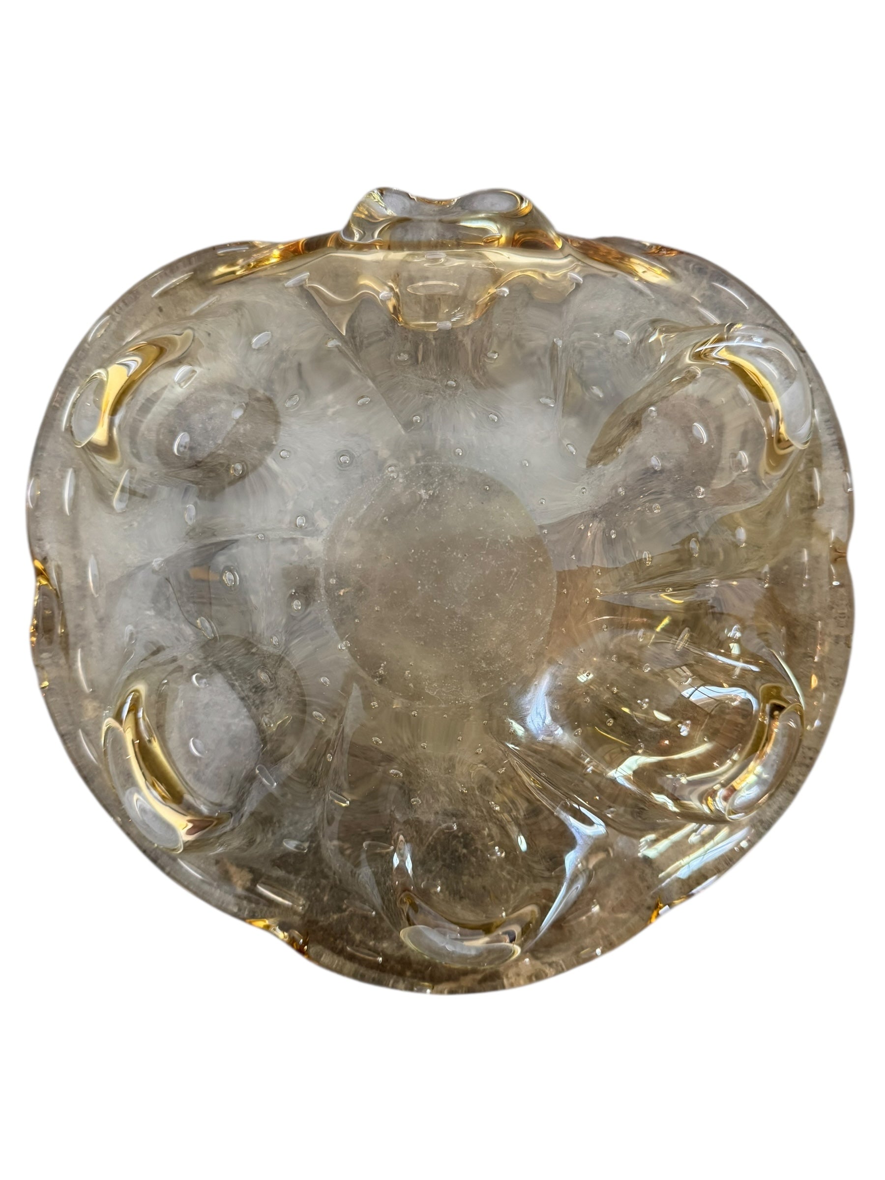 Scalloped amber yellow art glass ashtray with controlled bubbles