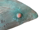 A green and red, glazed ceramic platter in the shape of a prickly pear cactus pad with attached prickly pear fruit. The surface has raised dots representing spines. 