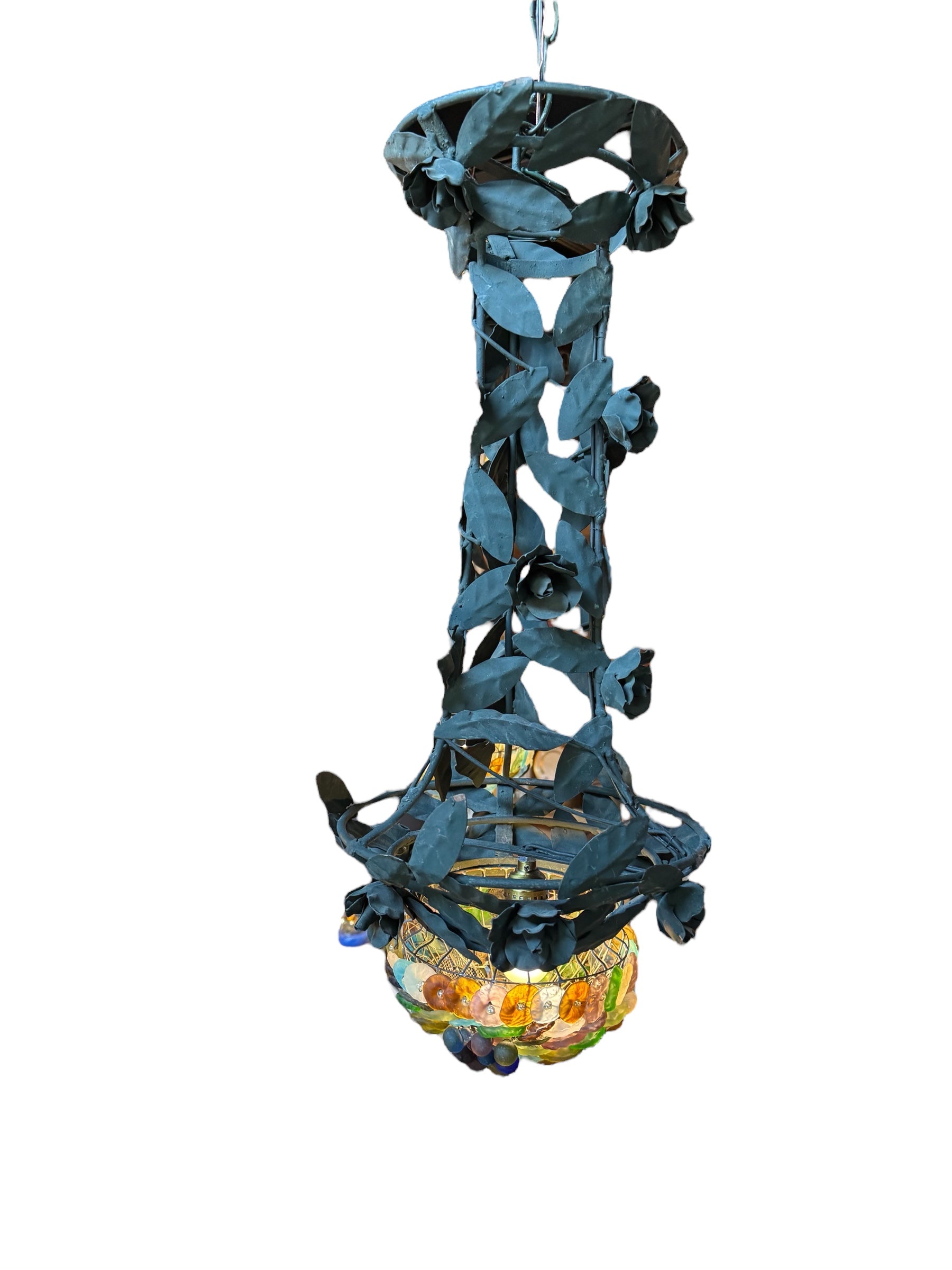 Toleware Lighting Fixtures, Chandelier, Vine shape, glass floral accents, metal, multicolored frosted glass, tole light