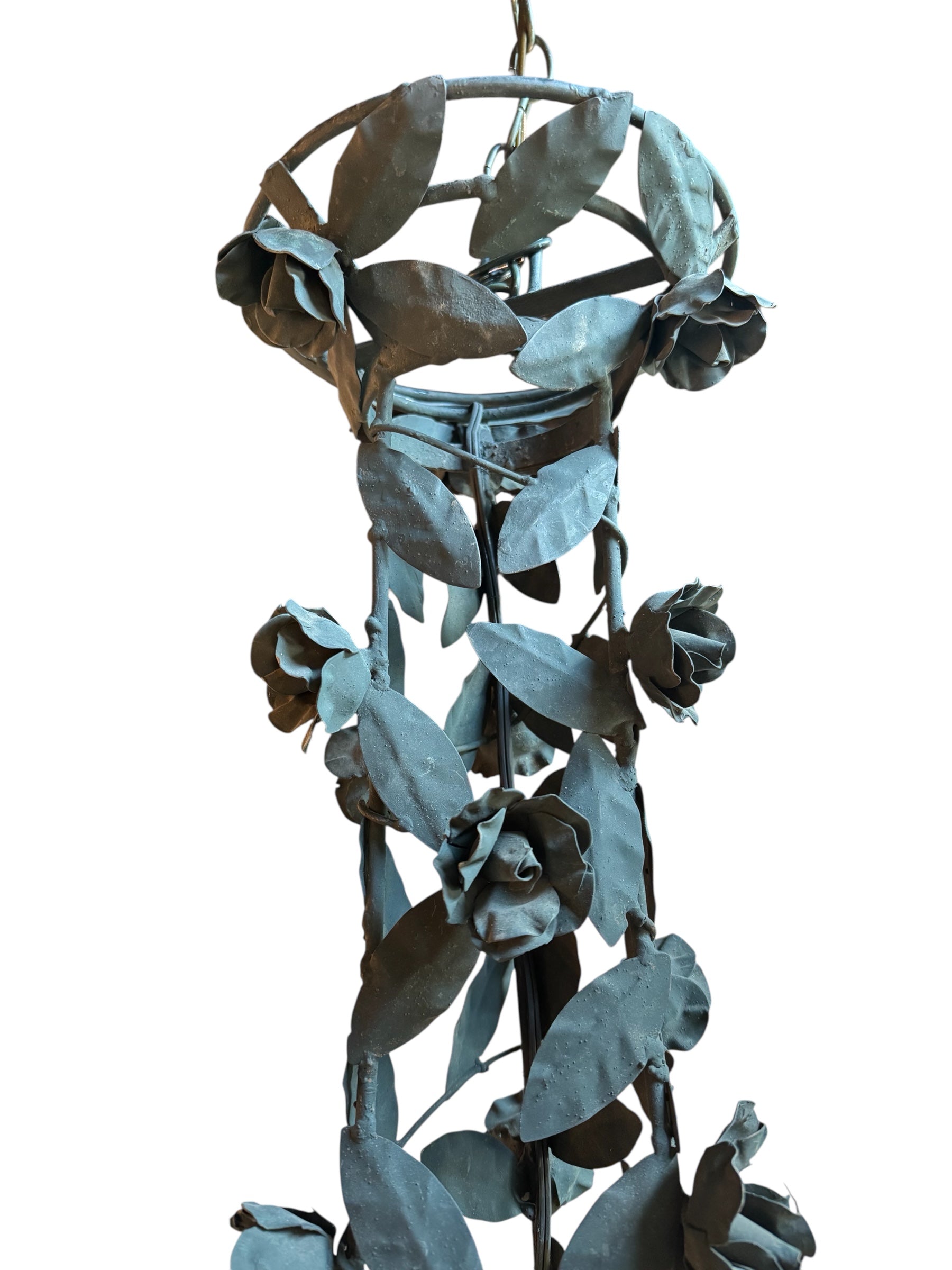 Toleware Lighting Fixtures, Chandelier, Vine shape, glass floral accents, metal, multicolored frosted glass, tole light