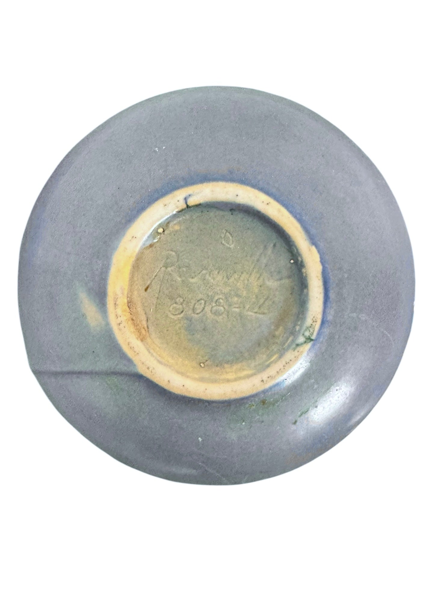 A squat, rounded vintage Roseville pottery vase in a light teal-blue matte glaze. The vase features two small, angular geometric handles on its shoulders and a flared rim. Embossed on the front is a cluster of textured, green and pale-yellow thornapple blossoms tucked against sharp, serrated green leaves. The surface shows a subtle, fine network of age-related crazing lines throughout the glaze.