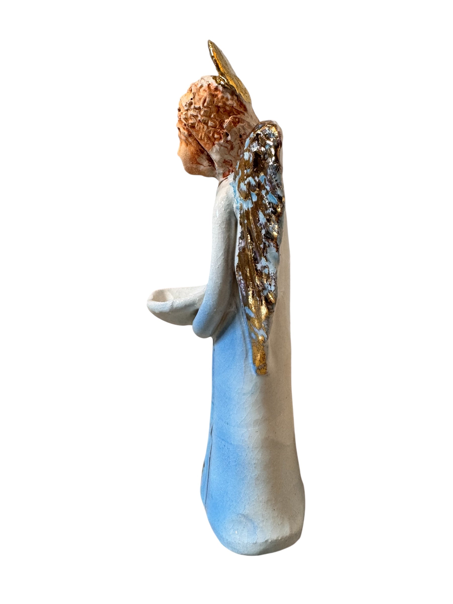 Angeli by Dominico Pinto, Angels, Sculptures, Table top ornaments, Gold accents, blue and white, geometric quilting, ceramic, folk art