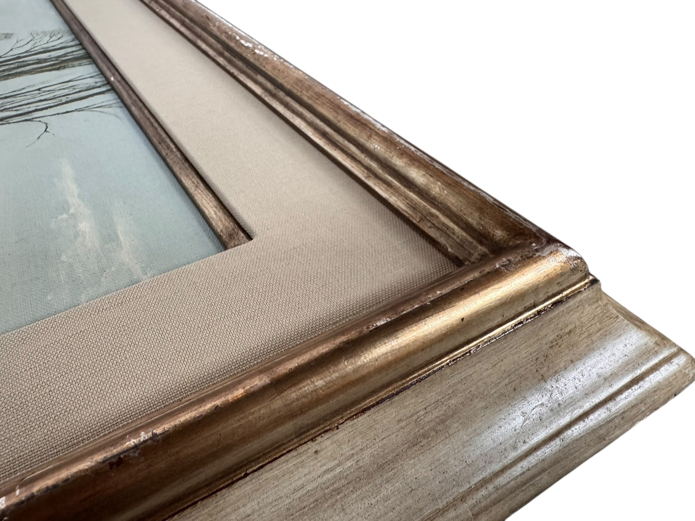 A naturalistic landscape oil painting by Michael Reilly titled "Mill Pond with Bridge" depicts a small town scene with a stone bridge over a mill pond, several buildings, and numerous bare trees under a grey sky