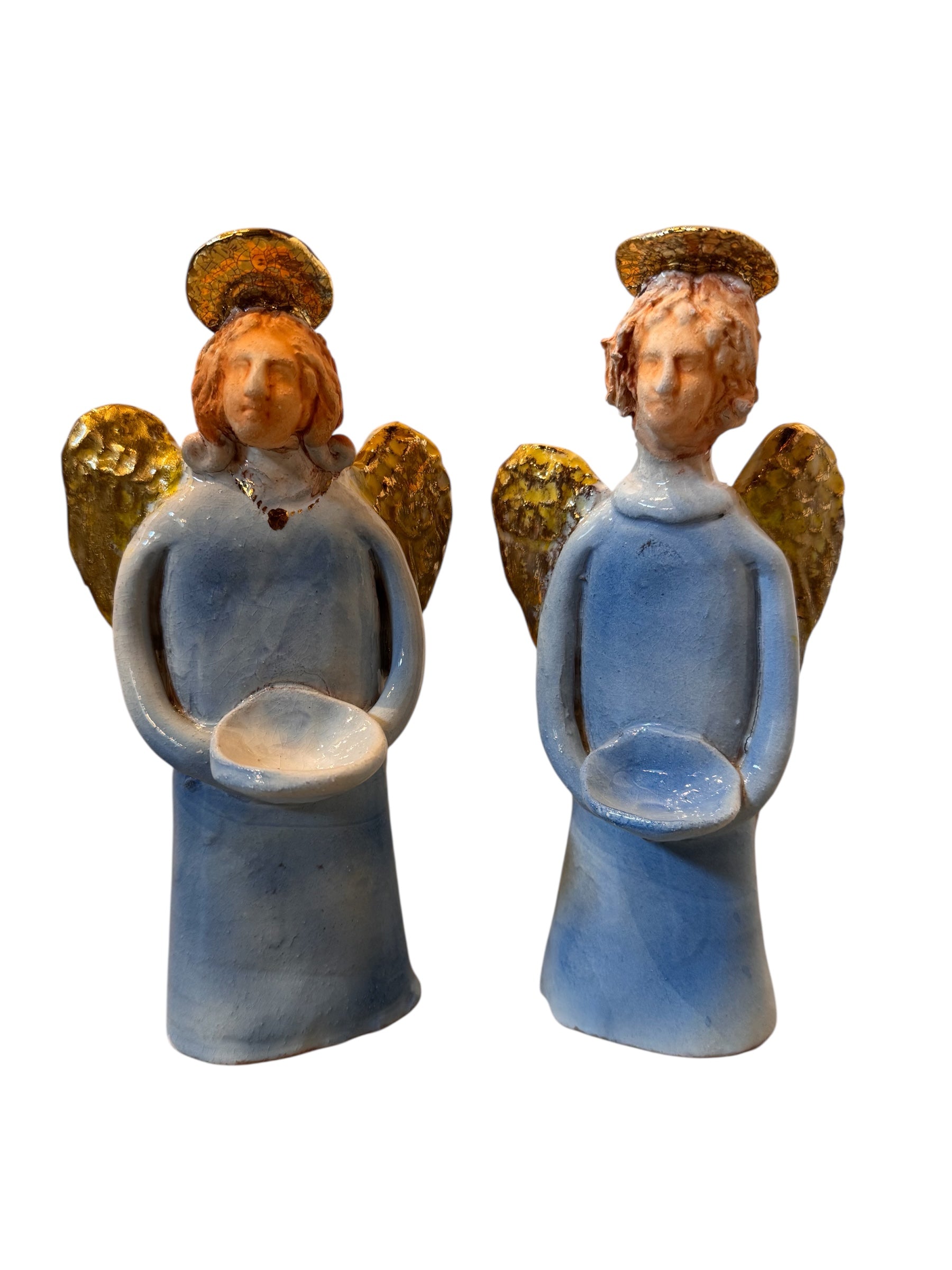 angel ceramic Italian figurines with blue robes and gold wings by Domenico Pinto