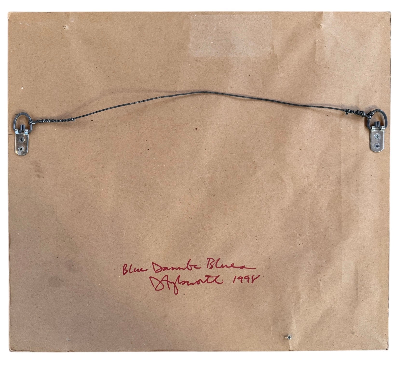 An abstract oil painting titled "Blue Danube Blues" by David Alysworth, featuring large black organic shapes layered over a background of light blue, cream, orange, and brown rectangular and circular forms with a black wooden lacquered frame.