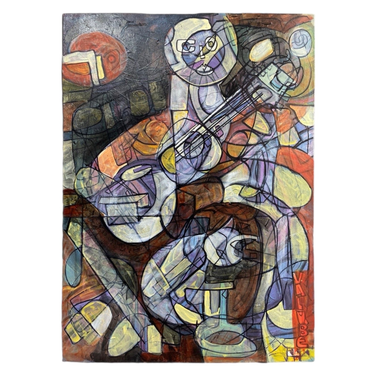A contemporary oil painting on canvas featuring an abstract representation of a figure with a guitar. The artwork uses vibrant colors and has a bold, expressive style.