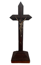Handcrafted Tramp Art wood crucifix with detailed layered carving. Vintage folk art piece in excellent condition.