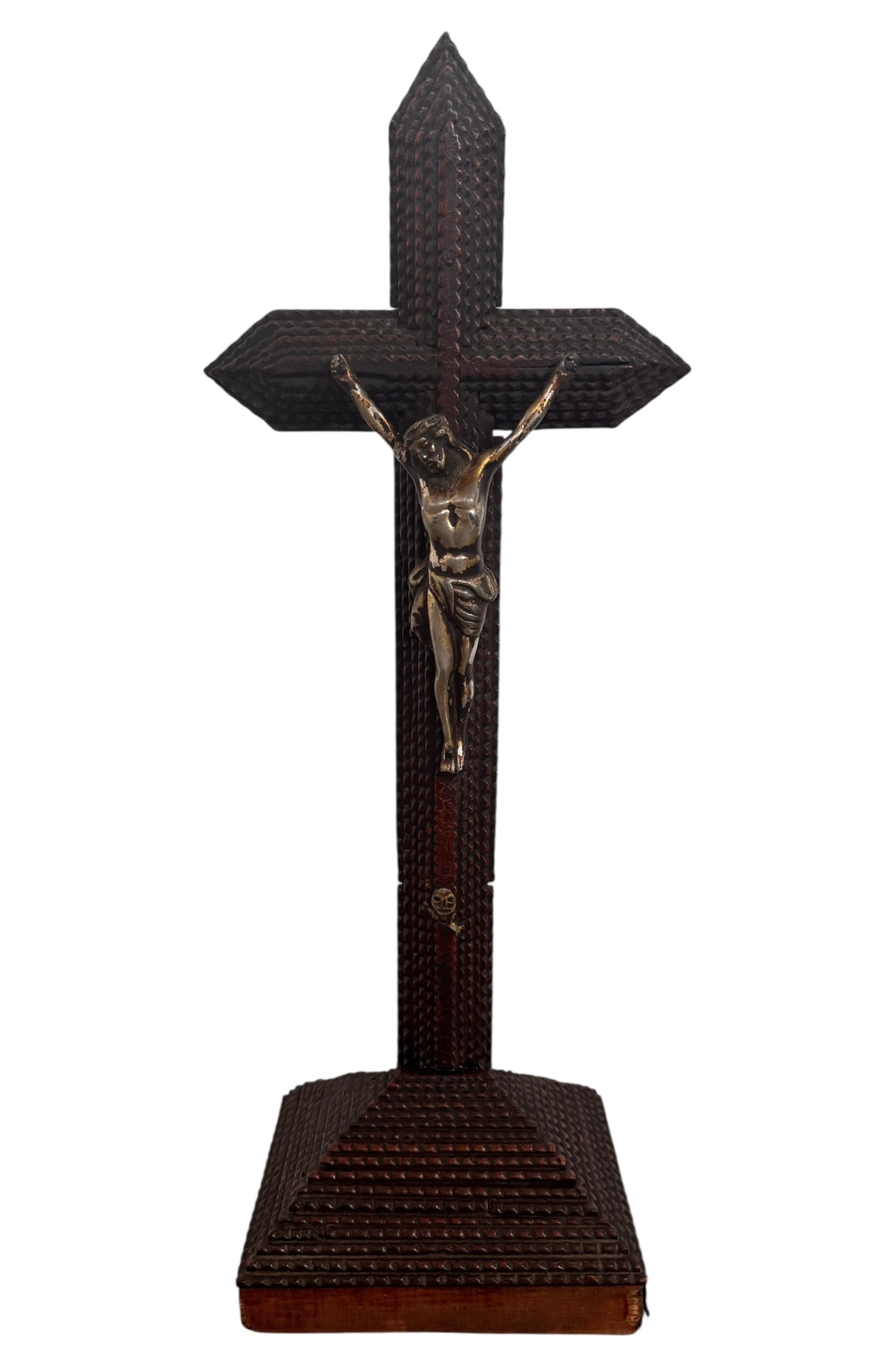 Handcrafted Tramp Art wood crucifix with detailed layered carving. Vintage folk art piece in excellent condition.