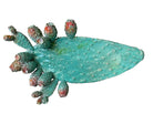 A green and red, glazed ceramic platter in the shape of a prickly pear cactus pad with attached prickly pear fruit. The surface has raised dots representing spines. 
Handmade Green Cactus Platter with Red Accents- Italian Design by Enza Fasano Ceramiche
