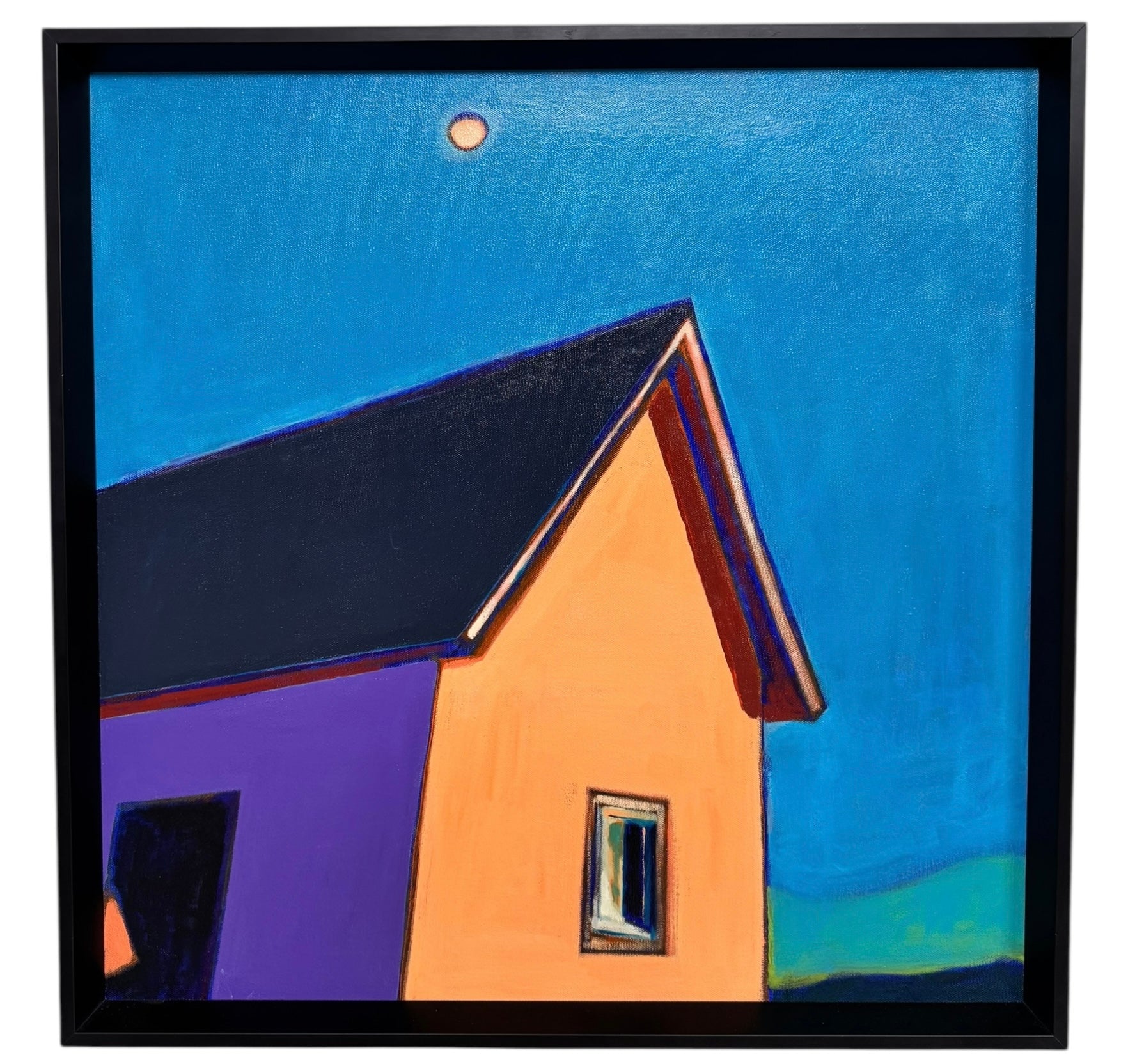 A vibrant, modern painting of a house with a purple side and an orange side with a window under a bright blue sky with a single moon by Elizabeth Payne titled “House in Moonlight”.