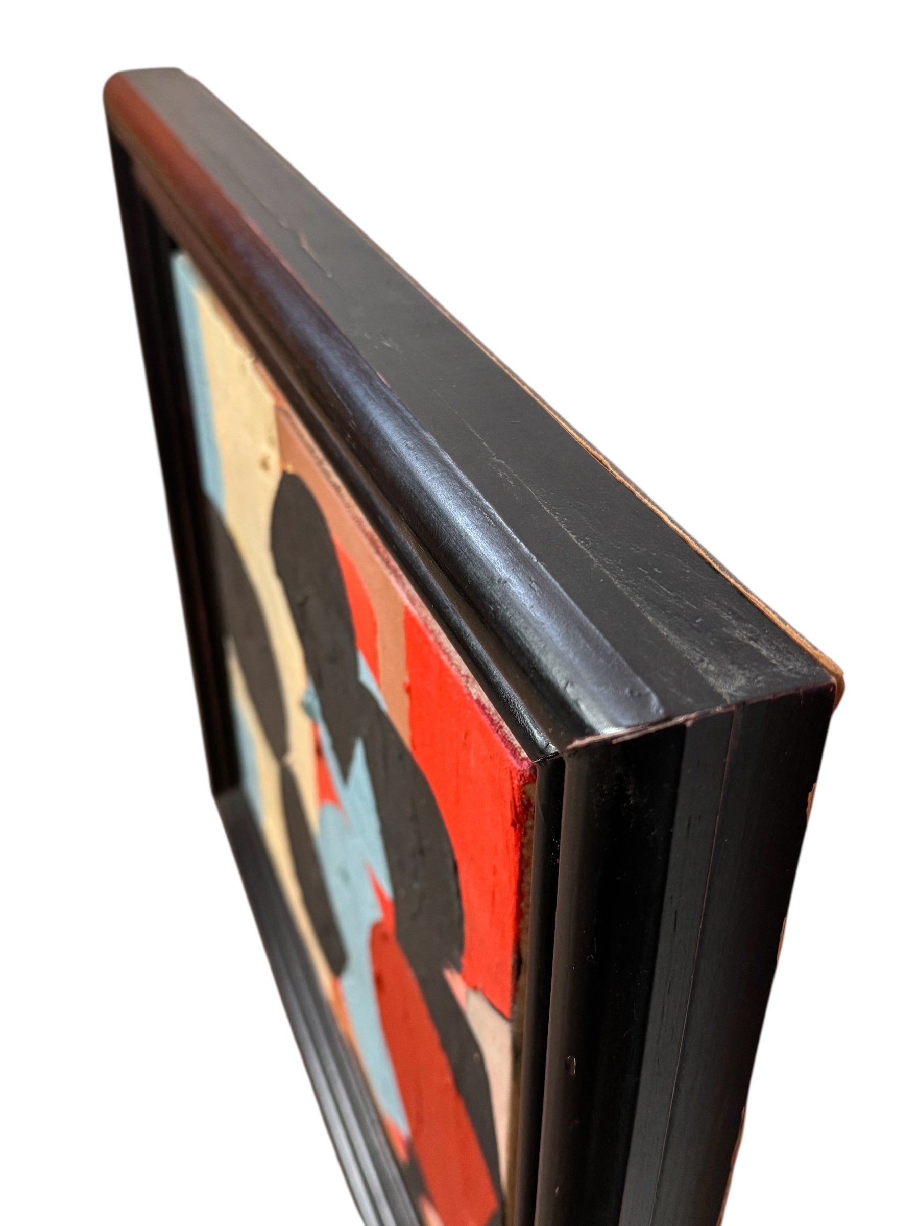 An abstract oil painting titled "Blue Danube Blues" by David Alysworth, featuring large black organic shapes layered over a background of light blue, cream, orange, and brown rectangular and circular forms with a black wooden lacquered frame.