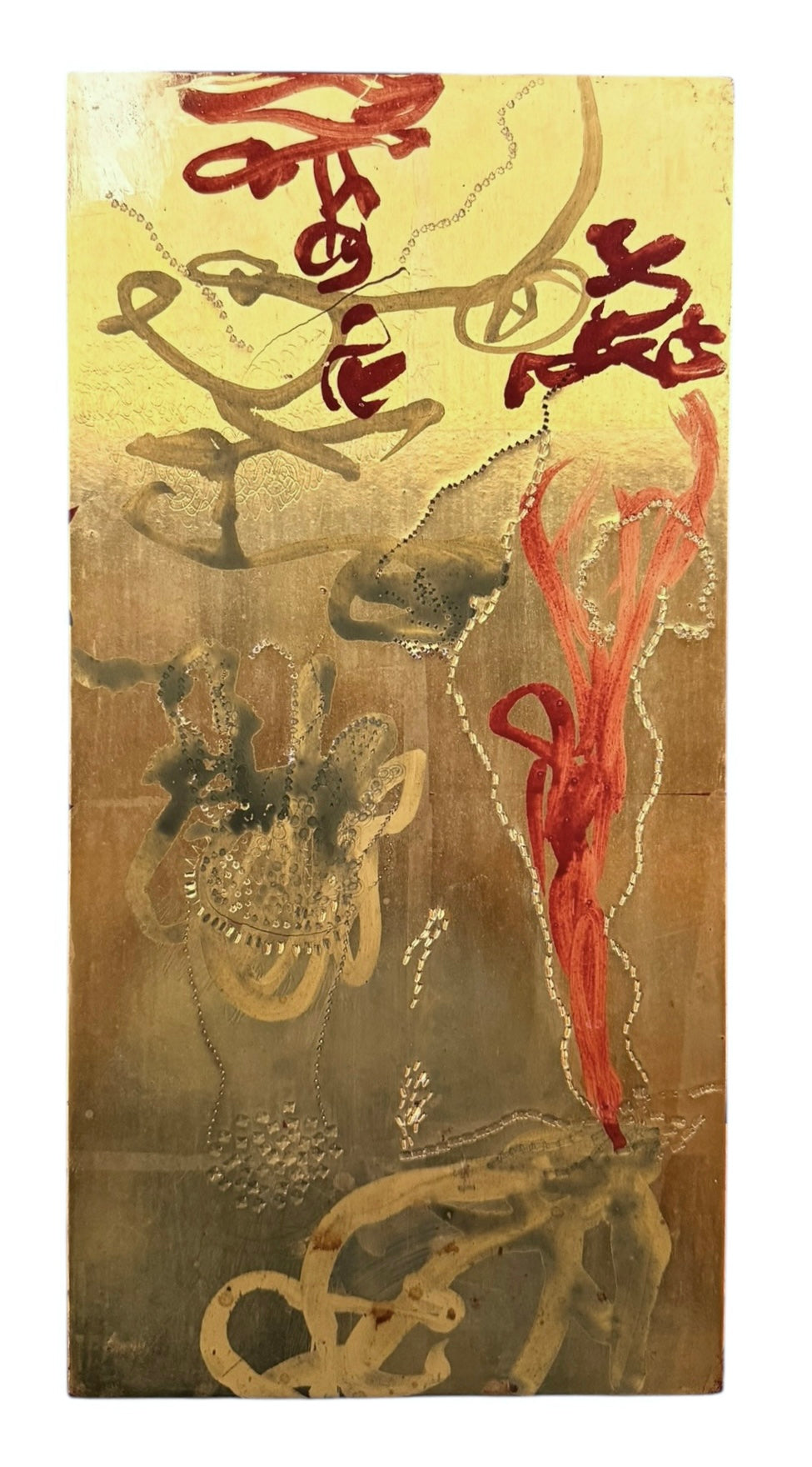 A vertical abstract work on a weathered gold-leaf panel. The upper section features bold, dark red calligraphic symbols resembling distorted kanji or script. Below, delicate, dotted white lines wind through the composition like strings of pearls or constellations. A slender, vertical form in vibrant red stands on the right, while muted, smoky-grey washes of paint ground the bottom of the piece.