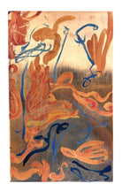 An abstract mixed-media painting on a vertical rectangular panel with a reflective, metallic gold and copper background. The composition features fluid, expressive brushstrokes in warm orange, ochre, and deep blue.
The orange strokes are thick and organic, resembling swirling flames or floral petals, while the blue marks consist of thin, lyrical lines and looped scribbles that dance across the surface. The metallic substrate is visible through the translucent paint, creating a play of light and texture