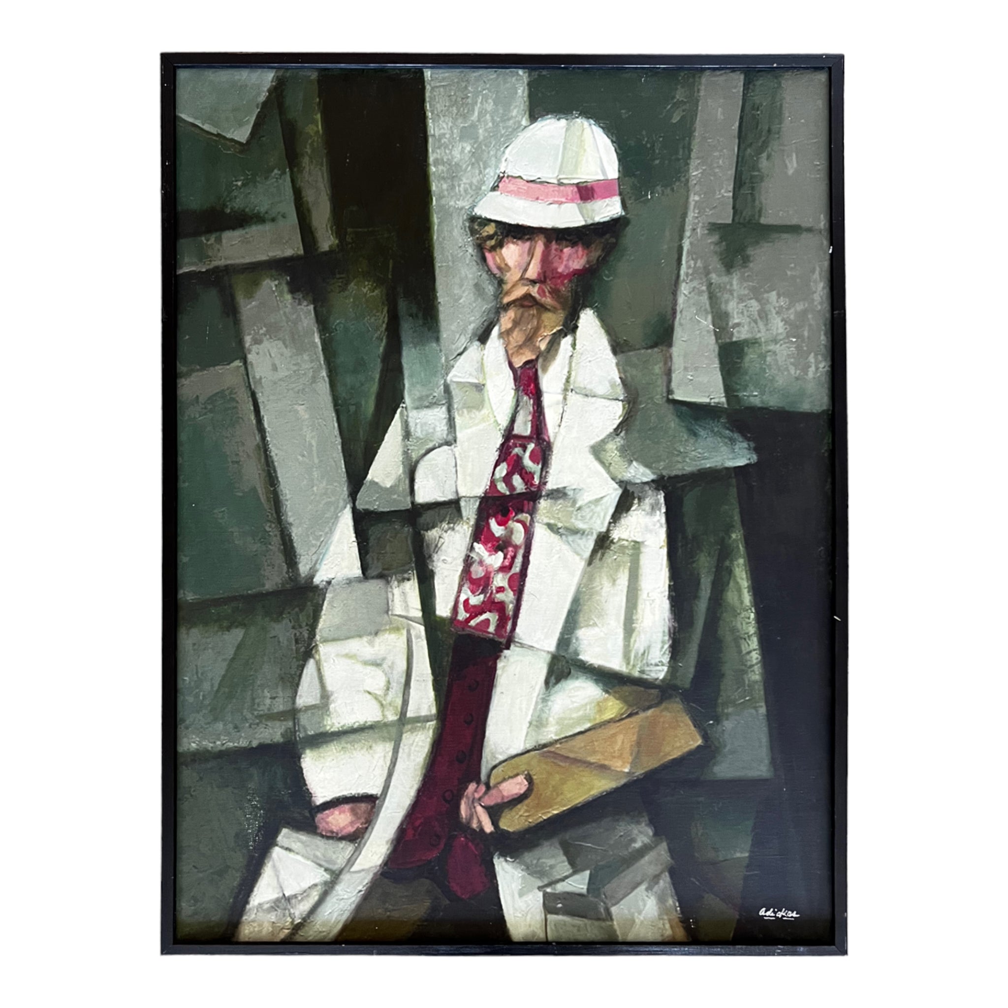 Framed Giclee art on panel depicting a cubist style portrait of a man with a hat, utilizing gray, green, and red tones.