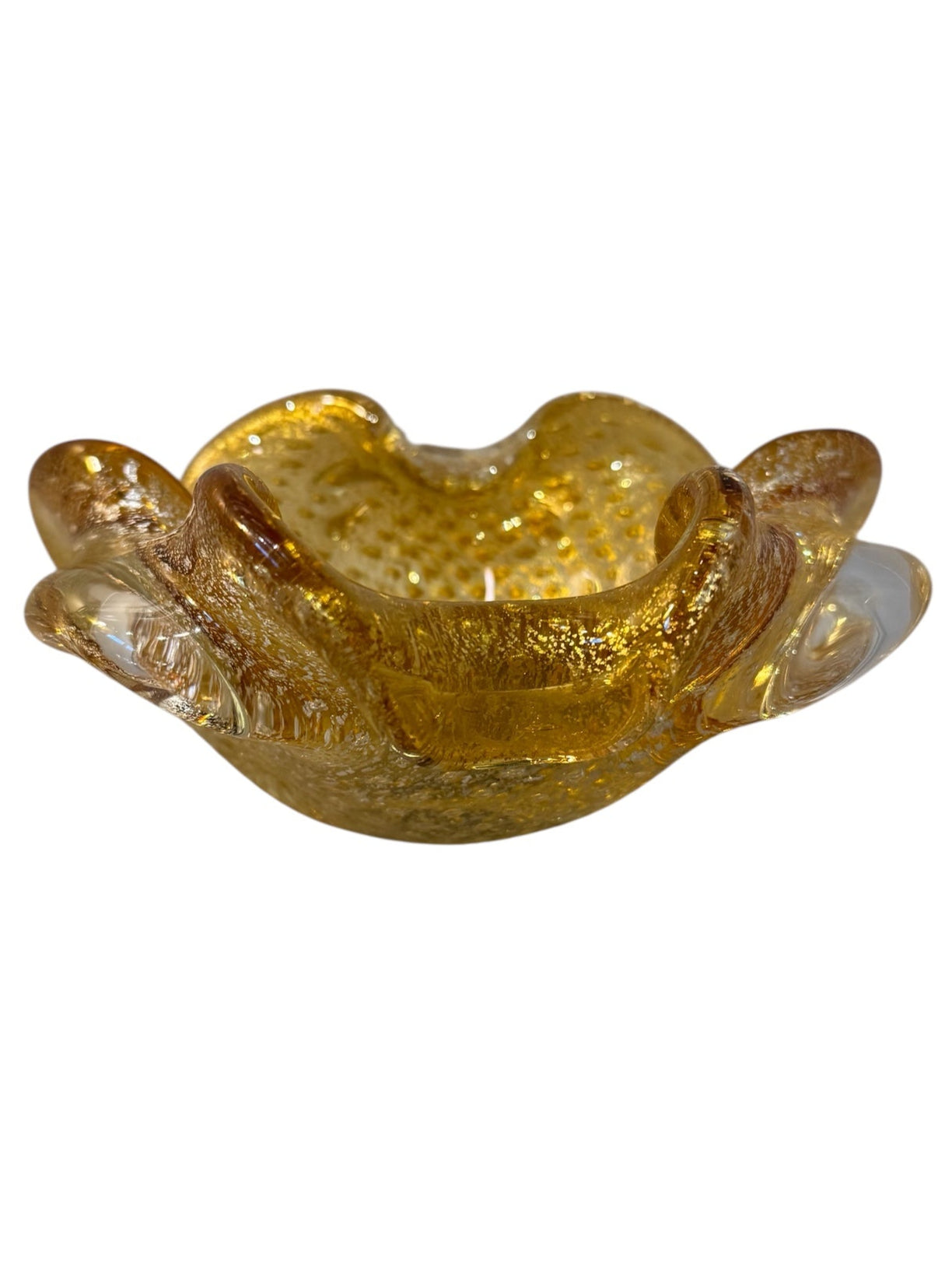 A  vintage Italian Murano glass bowl with a yellow hue, gold Aventurine inclusions, and a bubbly (Bullicante) texture. The bowl is flower-shaped with crimped edges.