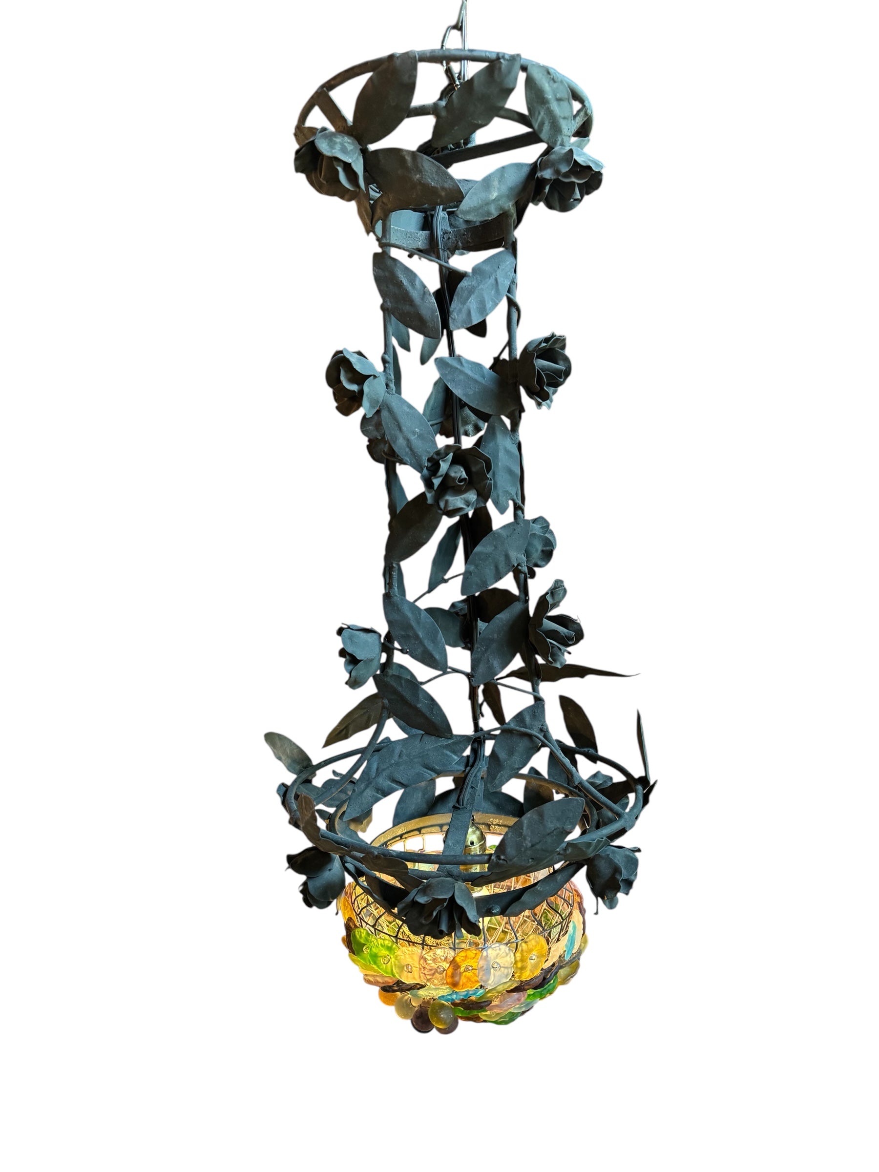 Toleware Lighting Fixtures, Chandelier, Vine shape, glass floral accents, metal, multicolored frosted glass, tole light
