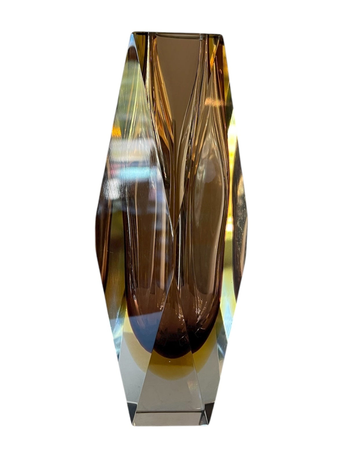 Mid-century modern vase with amber to clear ombré glass, geometric faceted design, in the Sommerso style