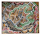 A close-up, angled view of an abstract oil painting titled 'Topography' by Robert Wymer. The painting's edge reveals thick, textured swirls of brown, gold, red, green, and white paint. It is framed in a natural light-brown teak wood frame, with a visible corner joint where two pieces of wood meet