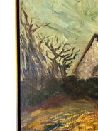 1967 oil painting of a barn and wheat field in its original gold frame, with dramatic sky.