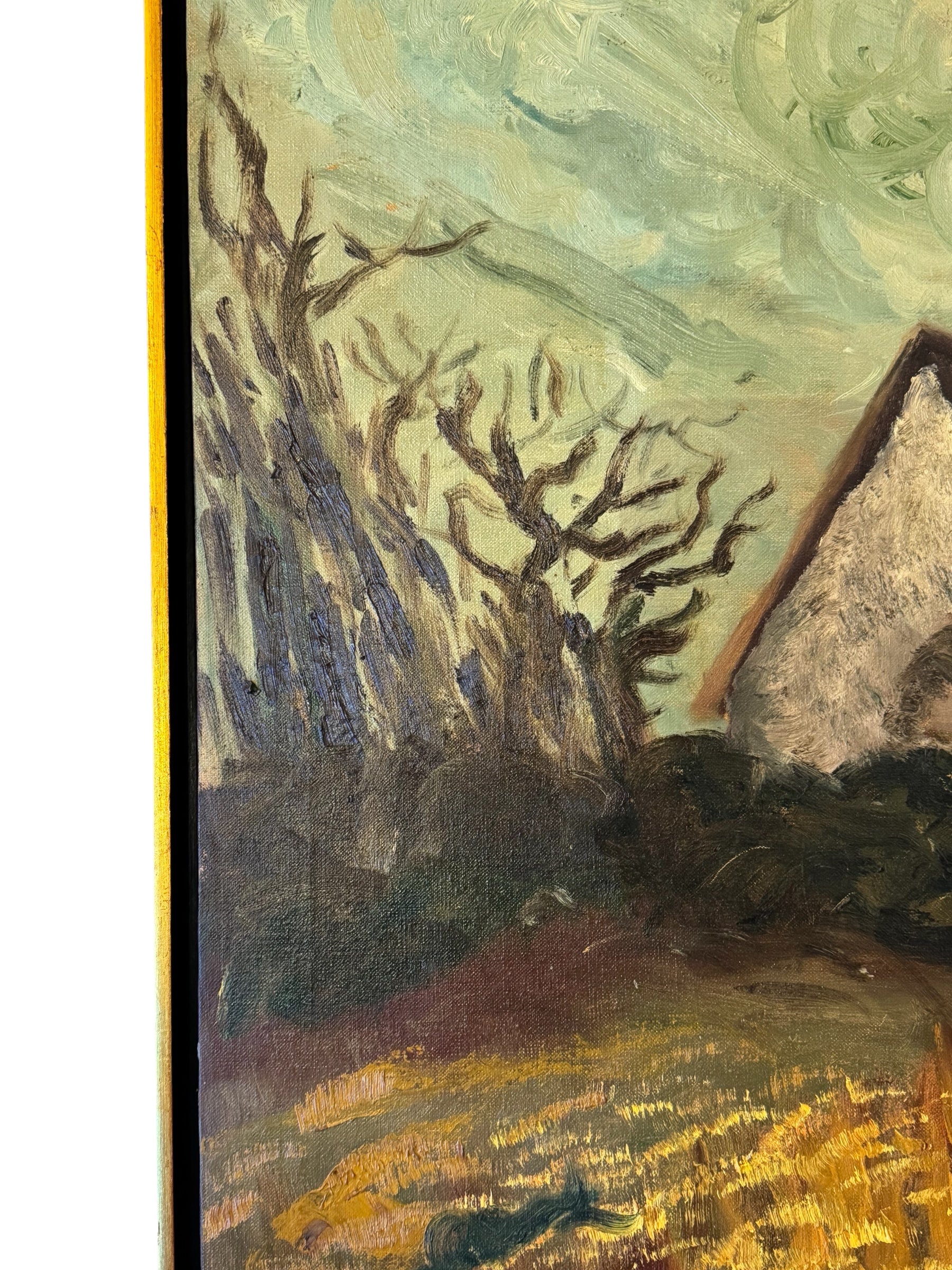 1967 oil painting of a barn and wheat field in its original gold frame, with dramatic sky.