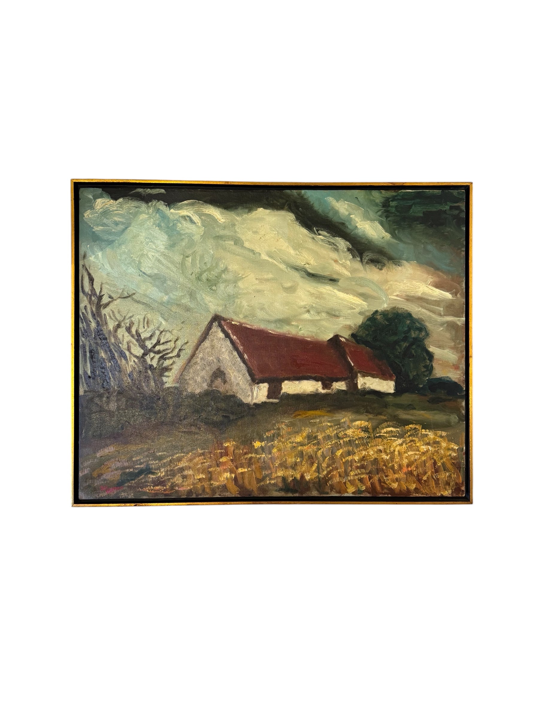 1967 oil painting of a barn and wheat field in its original gold frame, with dramatic sky.
Rural Landscape with Barn, An Oil Painting Attributed to Bill, 1967
