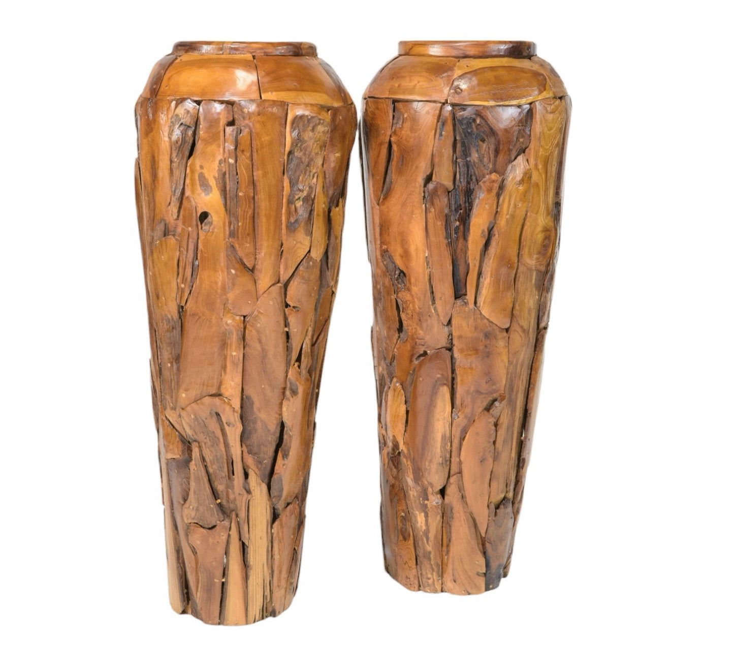 A pair of tall, brown, handmade teak wood floor vases with mosaic live edge pieces, showcasing natural wood grains