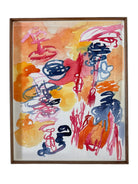 A vertical watercolor painting on paper, framed in a simple dark wood frame. The piece consists of a lively arrangement of gestural, loopy shapes and washes in a warm palette of apricot, magenta, and deep navy blue. The shapes are layered and translucent, with some areas featuring saturated "blooms" of color and others showing thin, wiry line work. The artist's signature and the year '97 are visible in the bottom right corner.