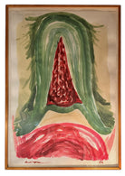 An abstract watercolor painting featuring a central red conical shape framed by large green arches, with a horizontal red wash at the bottom.