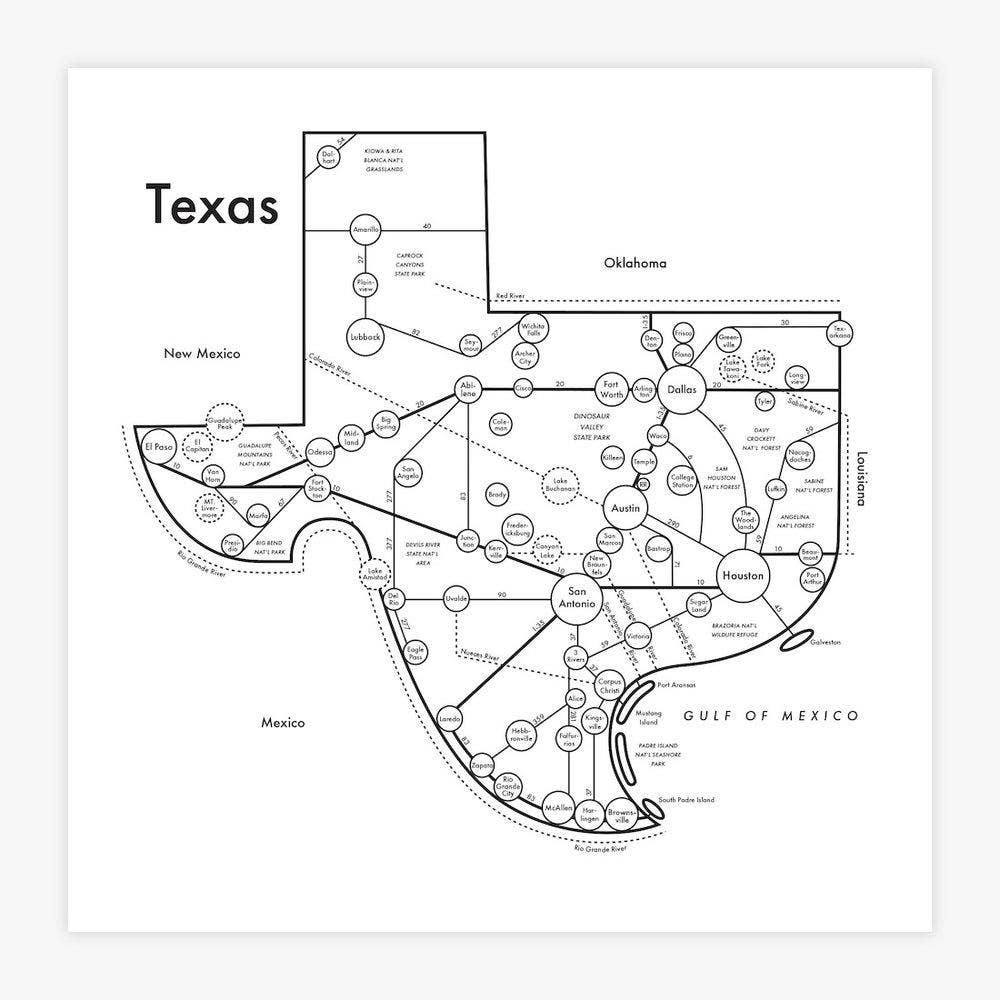 Map of Texas in the shape of the state with labeled counties on a white background
