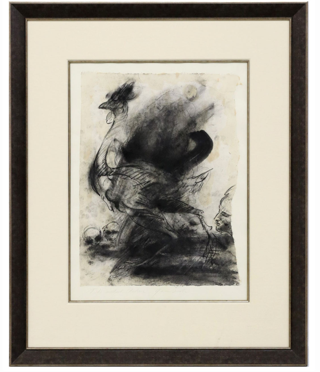 Existential gouache and charcoal drawing of a chicken by James Drake