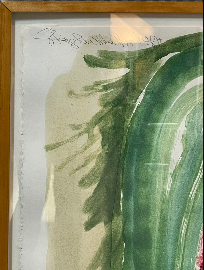 An abstract watercolor painting featuring a central red conical shape framed by large green arches, with a horizontal red wash at the bottom.